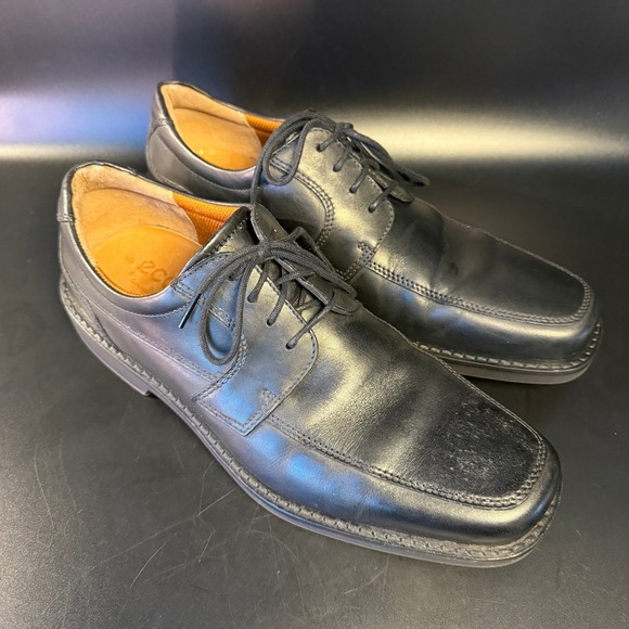 ECCO Black Leather‎ Dress Shoes Mens Size 9 Square Toe Lace Up Oxfords - Picture 1 of 8